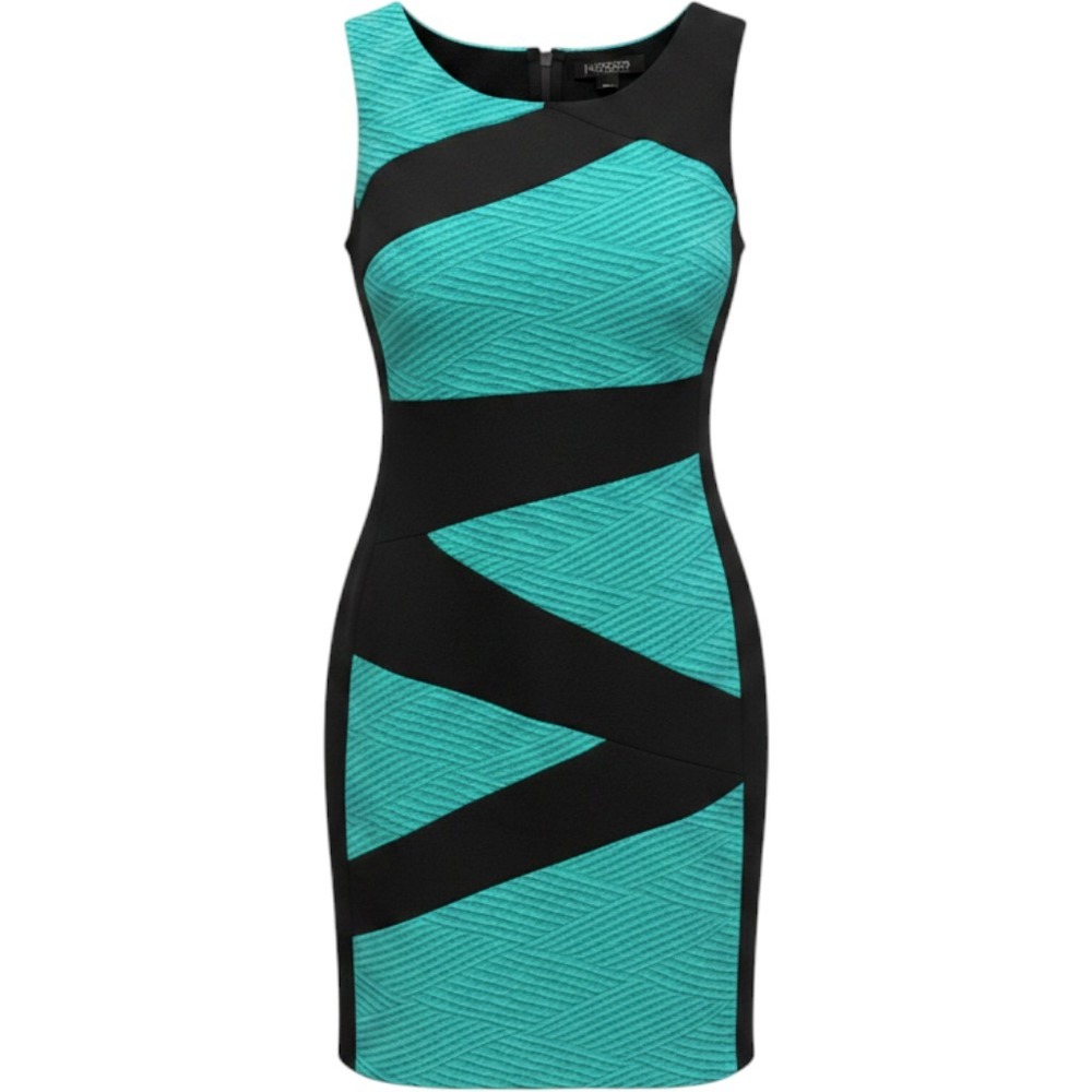 Enfocus Studio Sheath Dress Teal Black Geometric Textured Sleeveless Womens 10